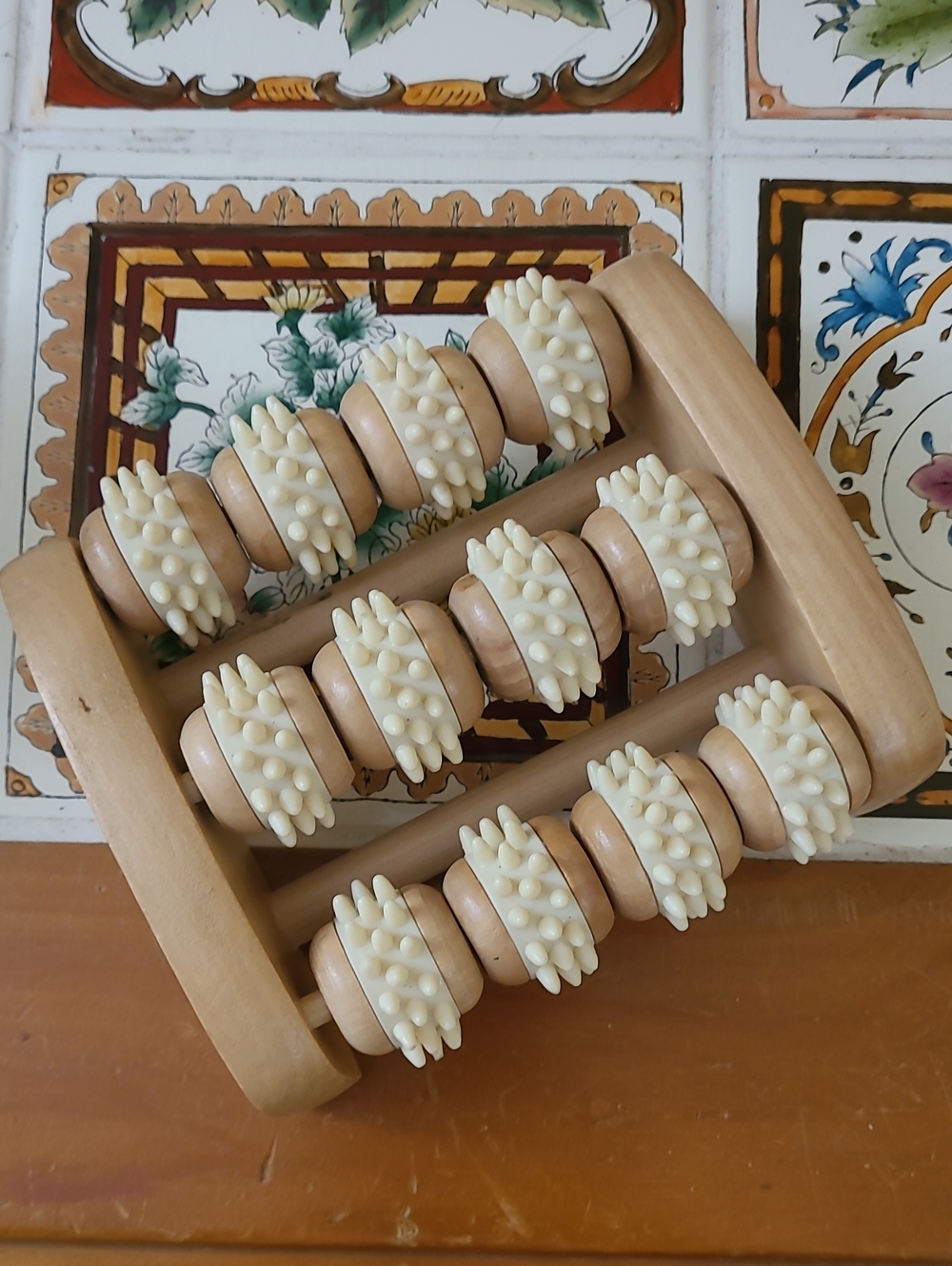 Wooden Handheld Foot Massager with Spiked Rollers - Natural